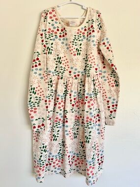 Floral Meadow Print Long Sleeve Dress - Cream Base with Red & Green Flowers